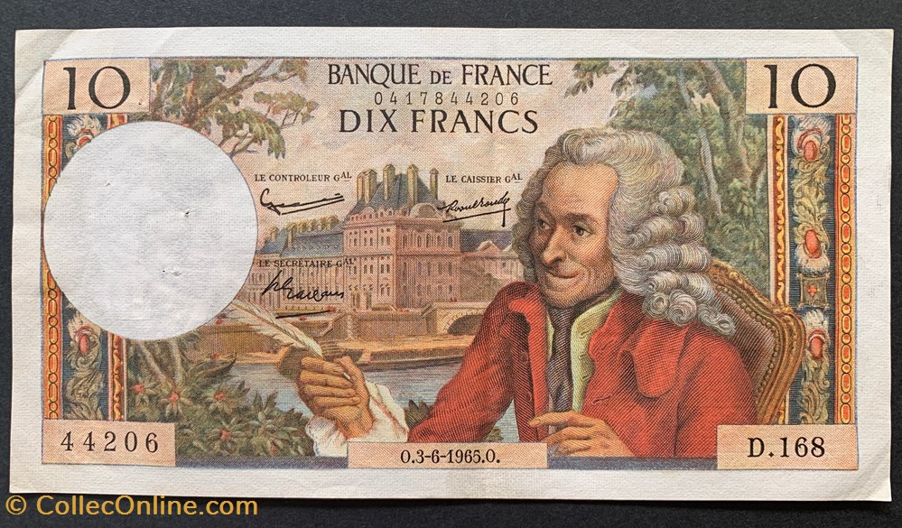 F.62.15 10 Francs Voltaire 1965 D.168 N°44206 billets europe france f 62 15 10 francs voltaire 1965 d 168 n 44206