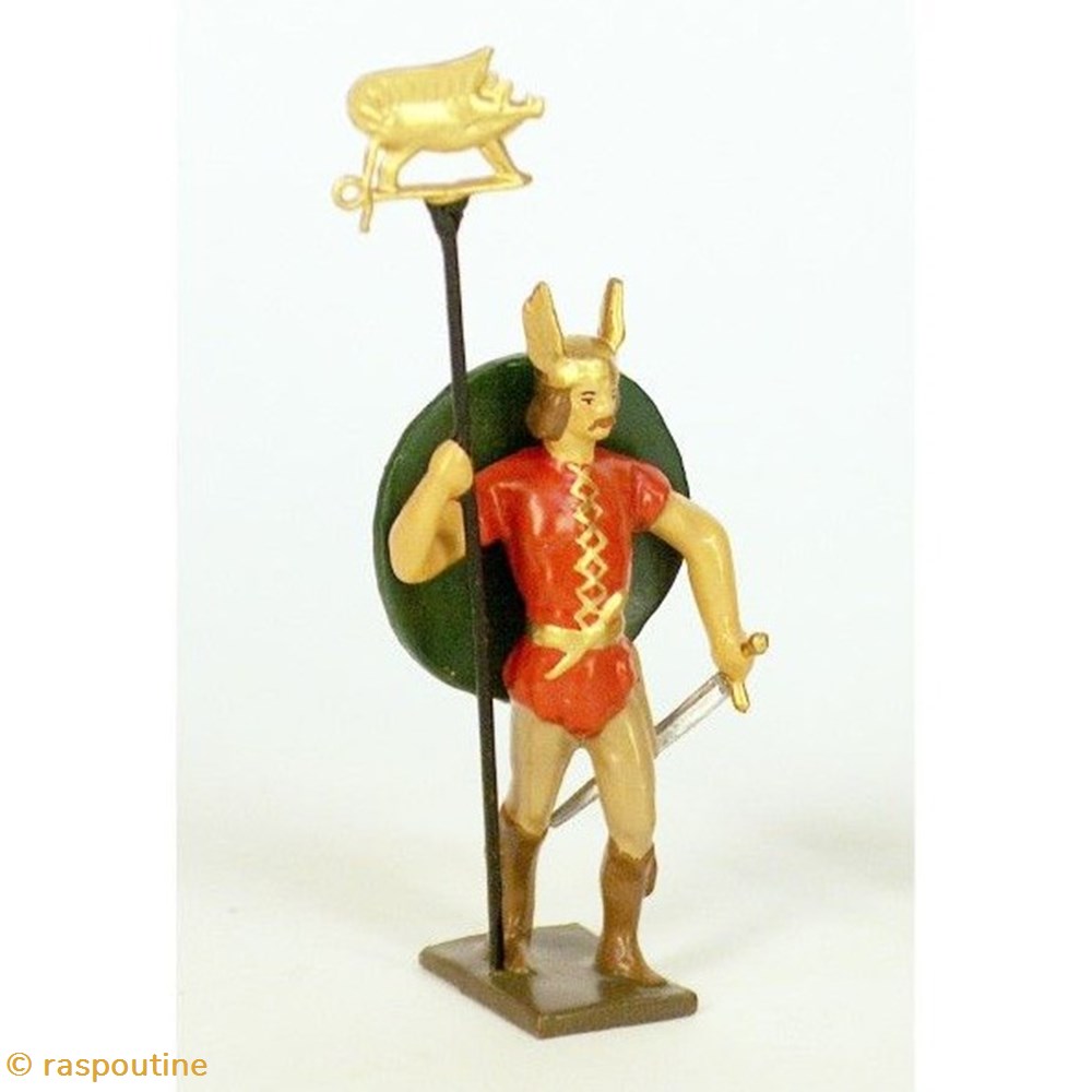 Gaulois casque ailé, tenue rouge, avec emblème et bouclier dans le dos figurines historique antiquite gaulois casque aile tenue rouge avec embleme et bouclier dans le dos
