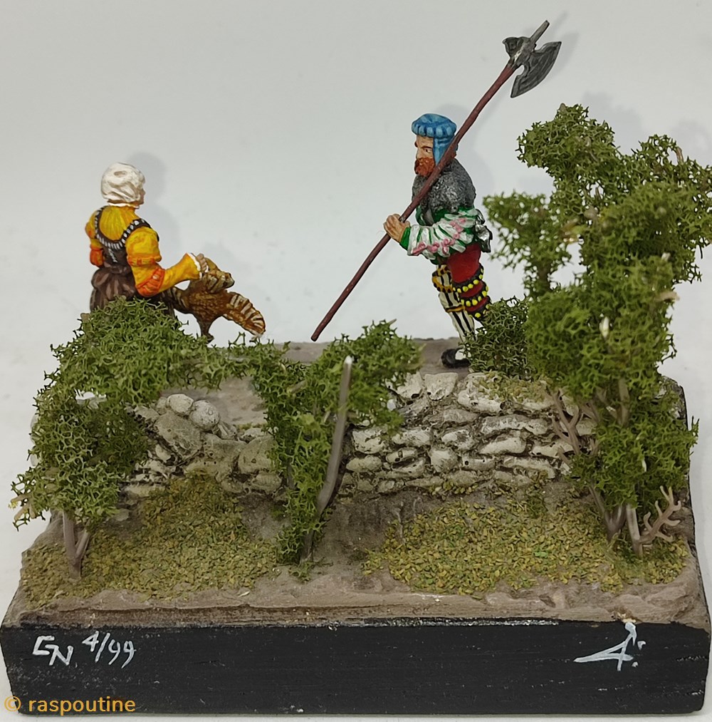 Hallebardiers et une femme tenant un dindon 3 figurines historique hallebardiers et une femme tenant un dindon