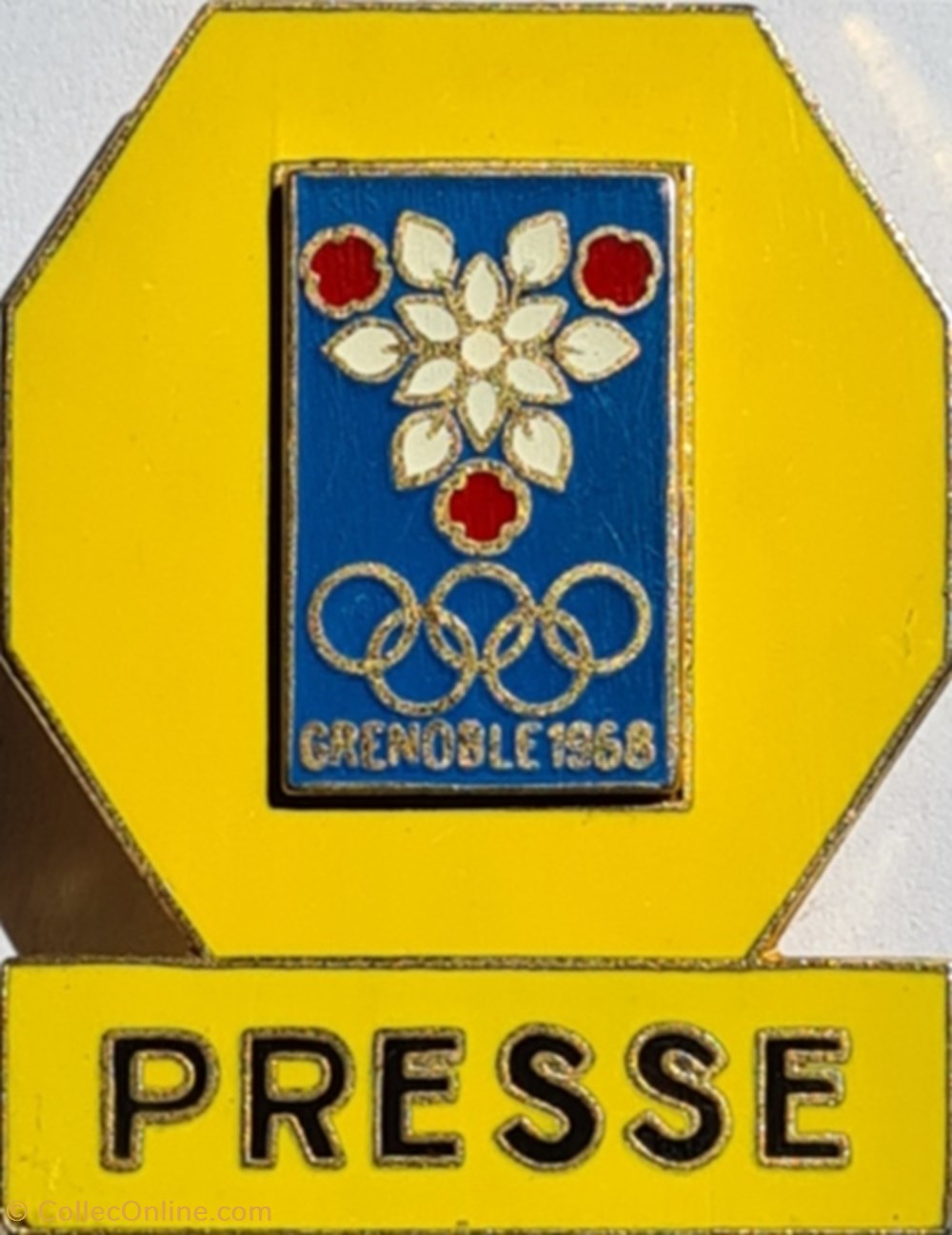 sport olympisme grenoble 1968 badge presse