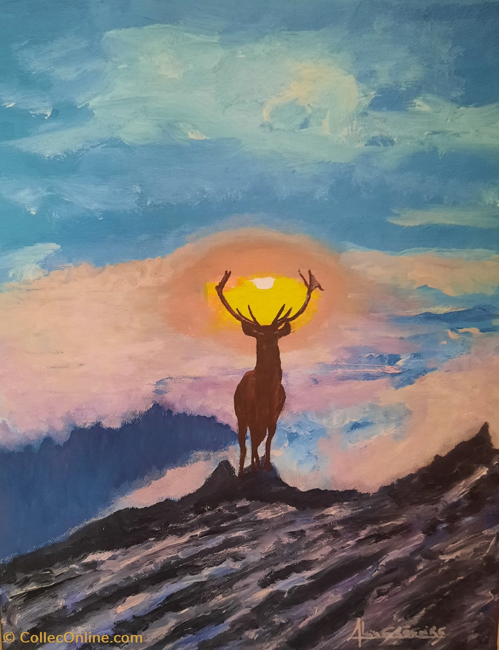 Cerf en montagne huile sur toile 33x40 art antiquites peintures dessins cerf en montagne huile sur toile 33x40