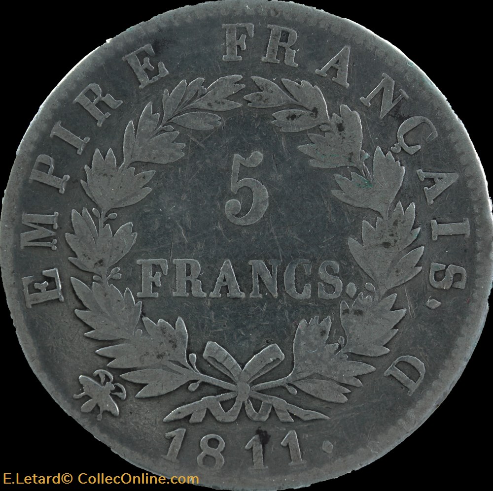 5 Francs - Laurée Empire - 1811 D monnaie france moderne 5 francs lauree empire 1811 d