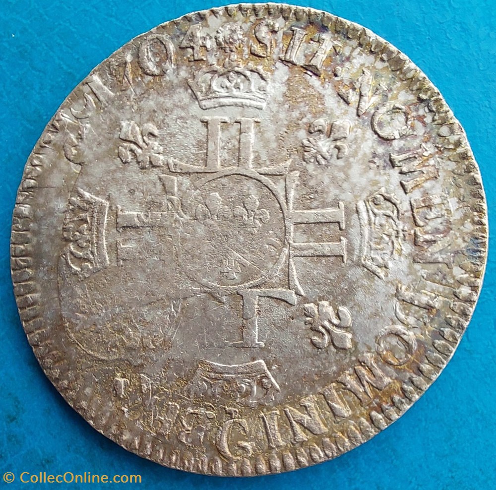 Demi écu aux 8L type 2 1704 G monnaies europe medievale france royales demi ecu aux 8l type 2 1704 g