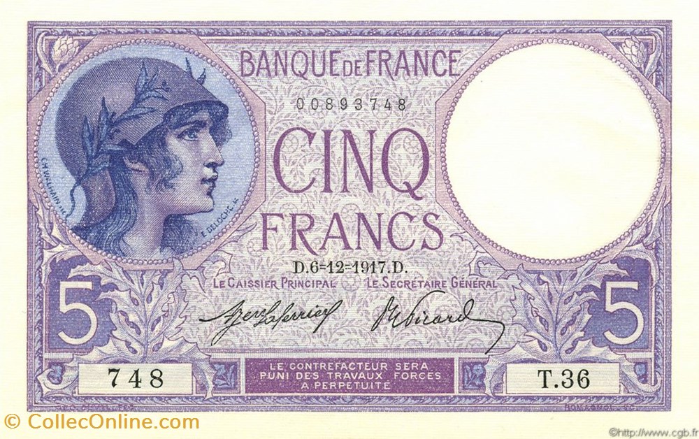 5 Francs Violet type 1917 billets 5 francs violet type 1917