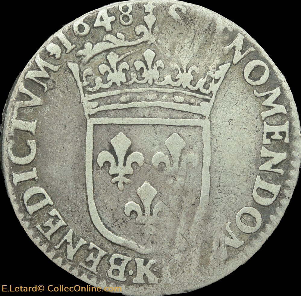Douxième d'écu à la mèche longue 1648 K monnaies europe medievale france royales douxieme ecu a la meche longue 1648 k