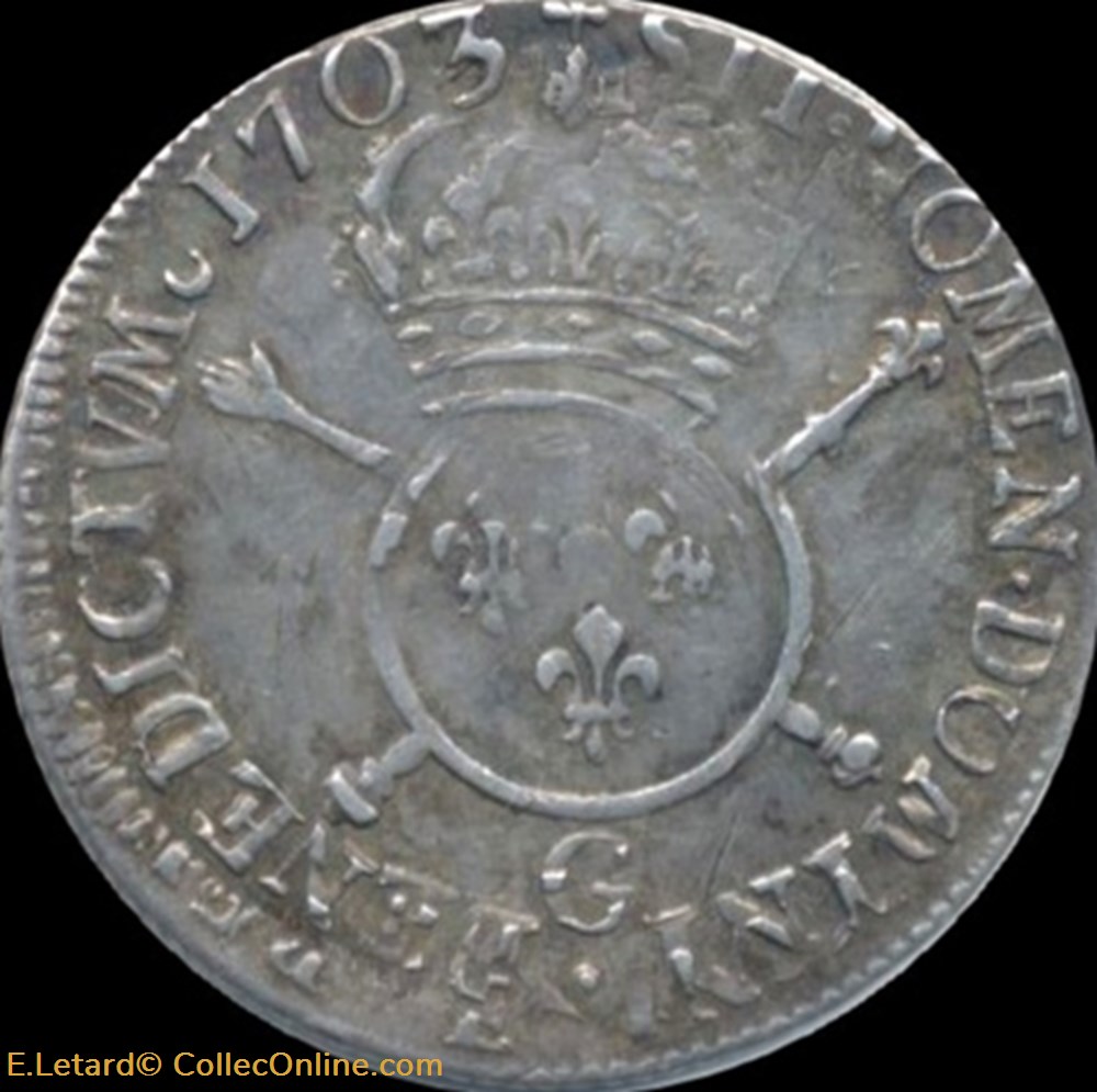 Quart d'écu aux insignes 1703 G monnaies europe medievale france royales quart ecu aux insignes 1703 g