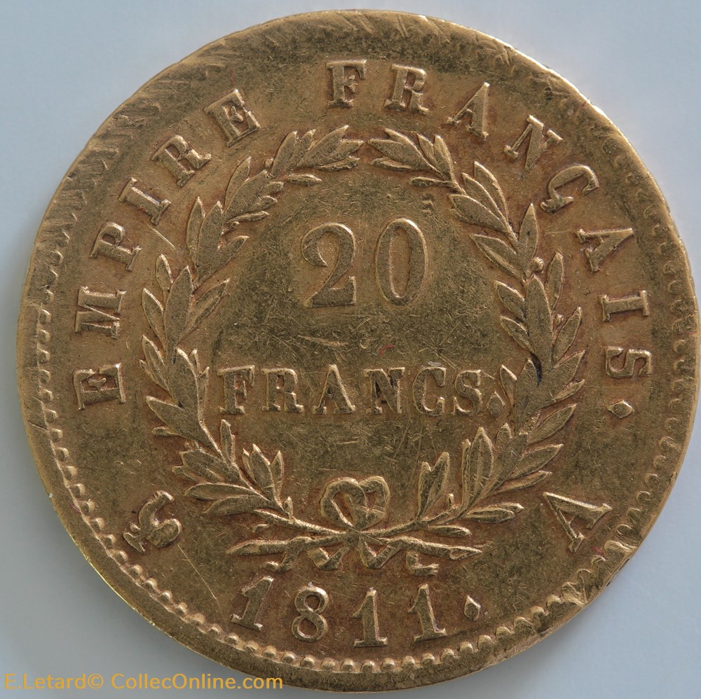 20 Francs - Laurée Empire - 1811 A monnaies monde france 20 francs lauree empire 1811 a