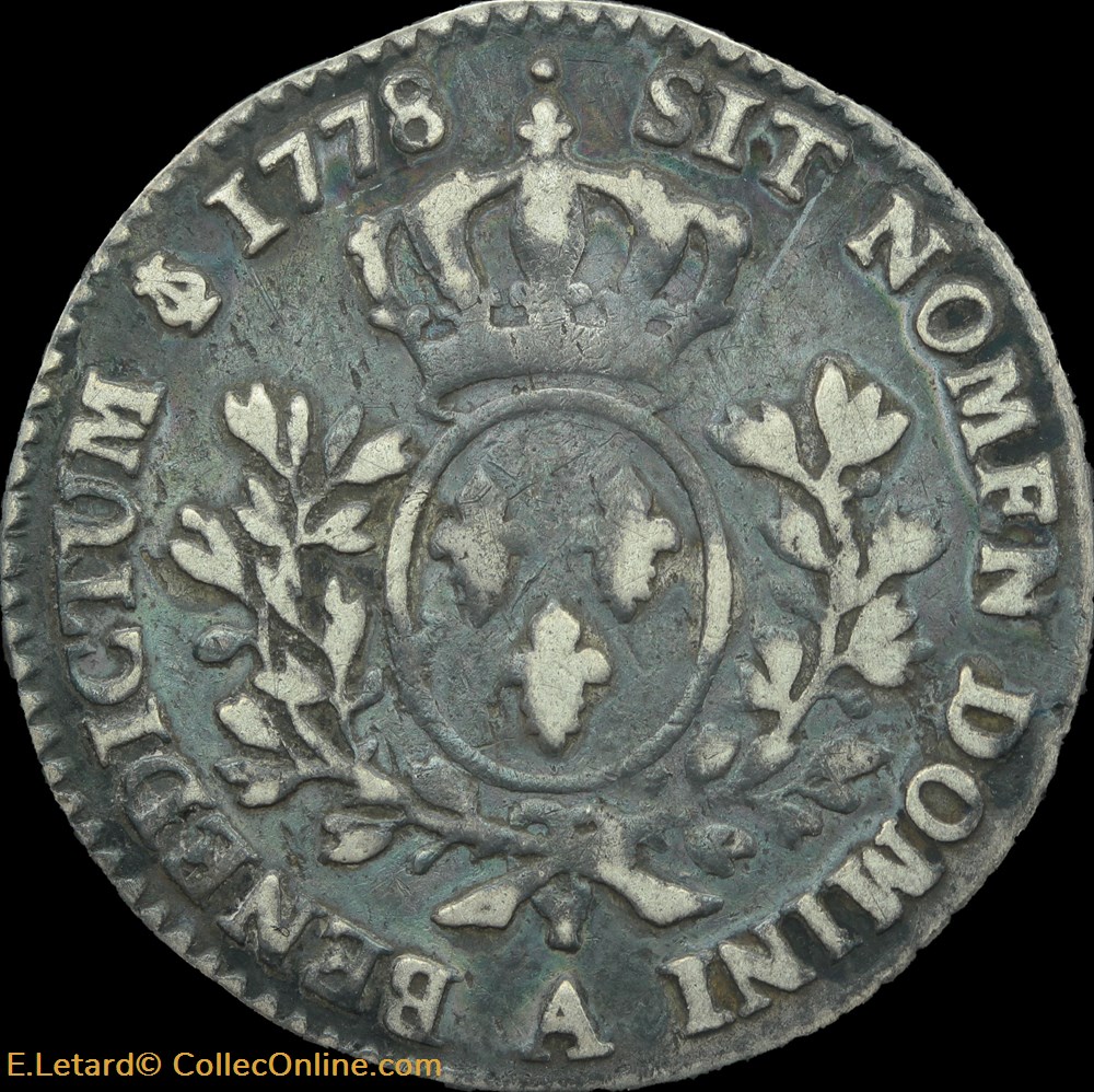 Cinquième d'écu aux lauriers 1778 A monnaies europe medievale france royales cinquieme ecu aux lauriers 1778 a