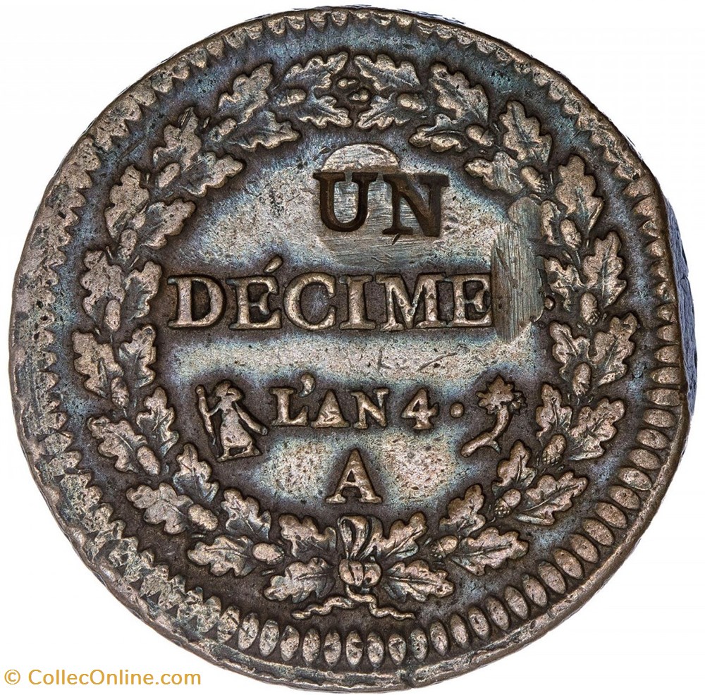 1 Décime - Modification du 2 Décimes - An 4 A monnaies monde france 1 decime modification du 2 decimes an 4 a