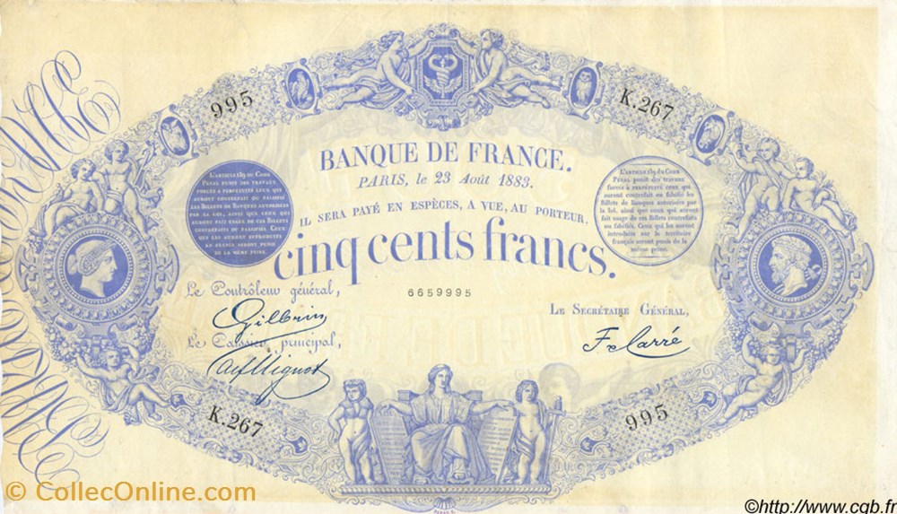 500 Francs type 1863 - Indices noirs modifiés billets 500 francs type 1863 indices noirs modifies