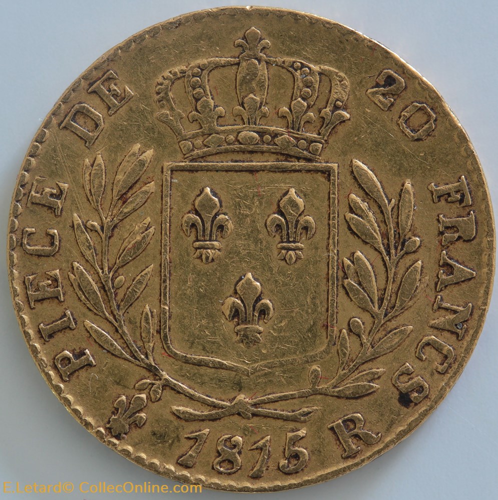 Louis XVIII - 20 Francs Cents Jours - 1815 R monnaies monde france louis xviii 20 francs cents jours 1815 r