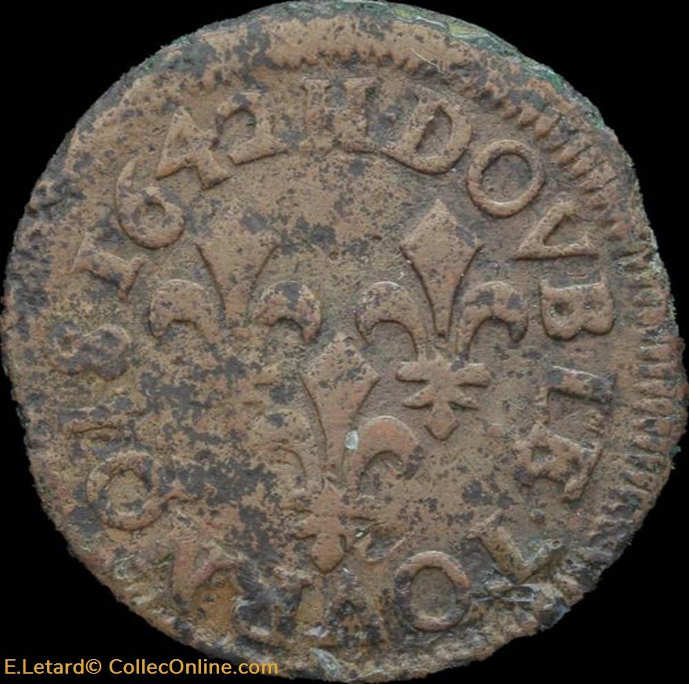 Louis XIII - Double Tournois de La Rochelle Type de Warin 1642 - CGKL.516 - Légende Latine monnaies europe medievale france royales louis xiii double tournois de la rochelle type de warin 1642 cgkl 516 legende latine