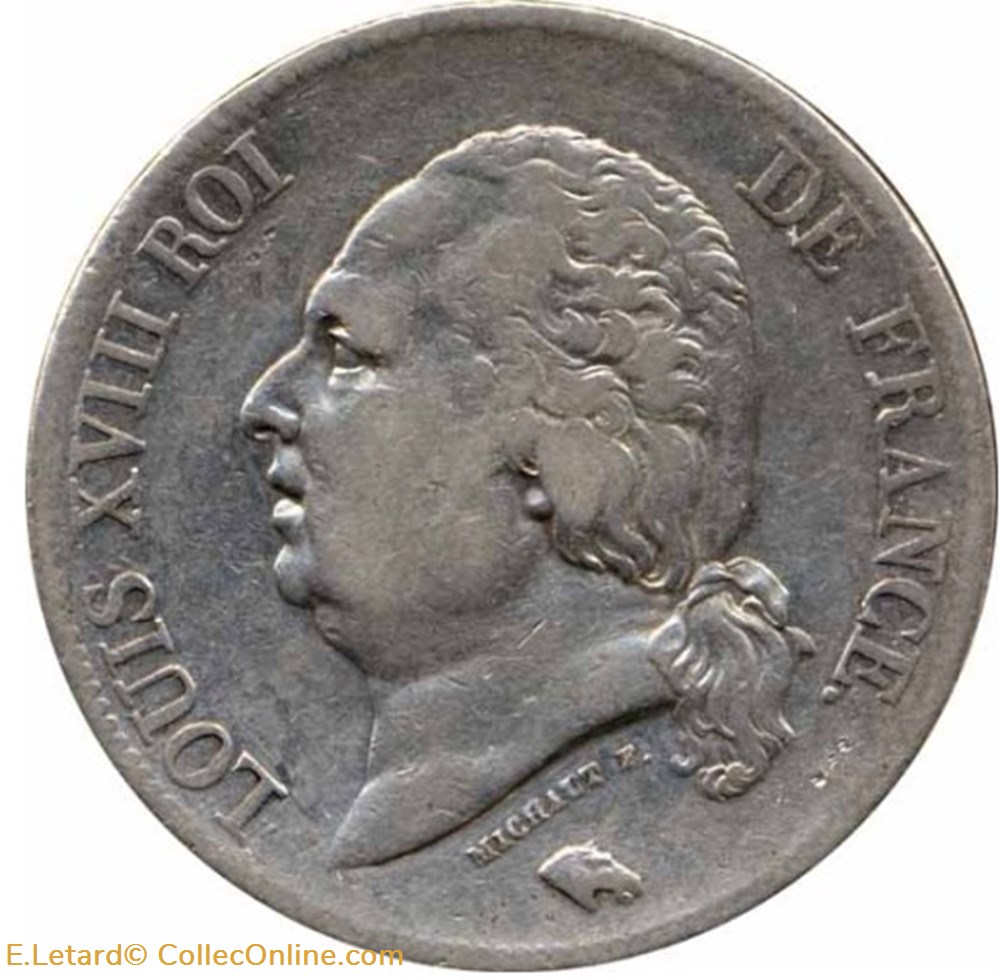 monnaies monde france louis xviii 5 francs buste nu 1824 a