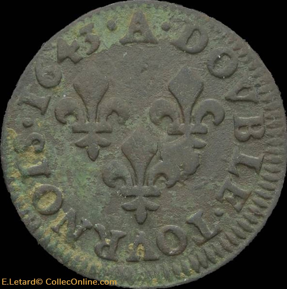 Louis XIII - Double Tournois de Corbeil Type de Warin 1643 - CGKL.516 monnaies europe medievale france royales louis xiii double tournois de corbeil type de warin 1643 cgkl 516