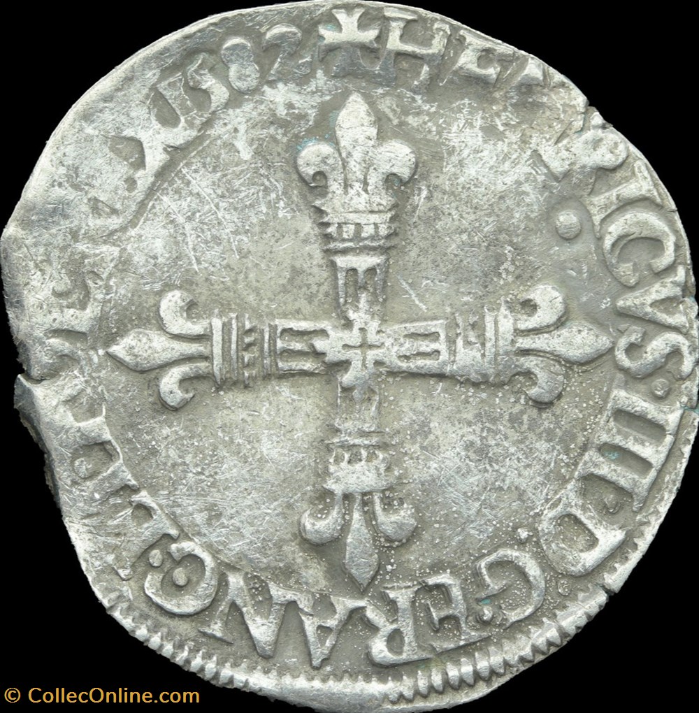 monnaies europe medievale france royales quart ecu a la croix de face 1582 t