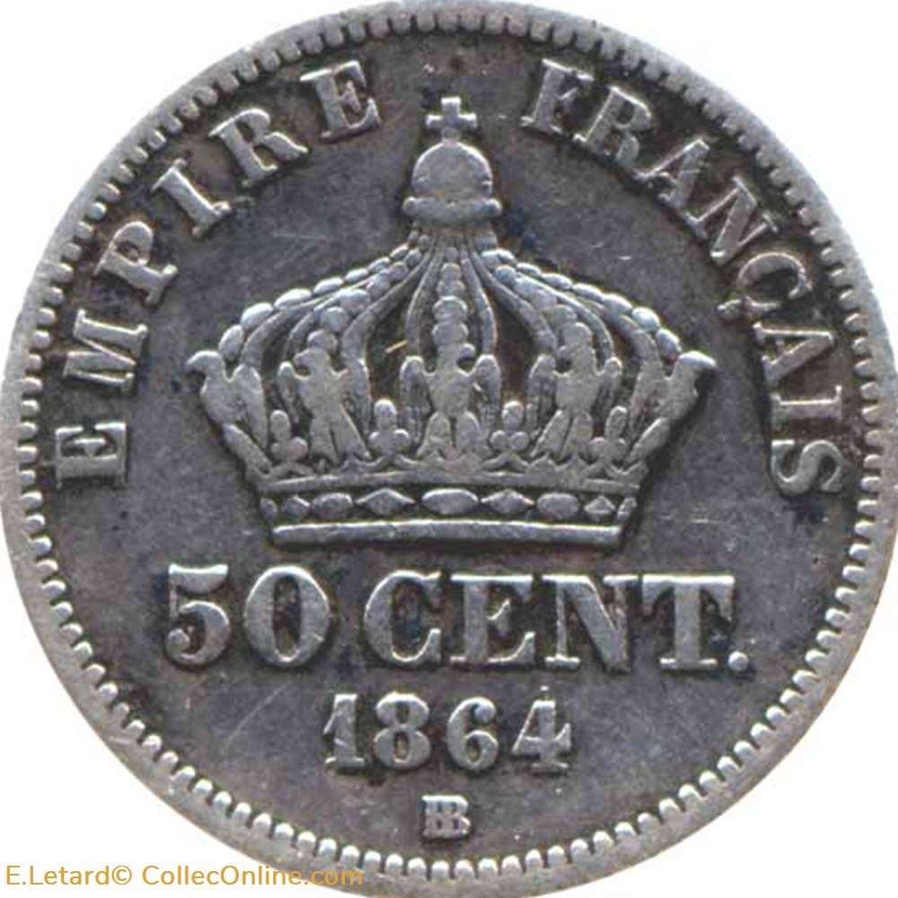 Napoléon III - 50 Centimes Tête laurée - 1864 BB monnaies monde france napoleon iii 50 centimes tete lauree 1864 bb