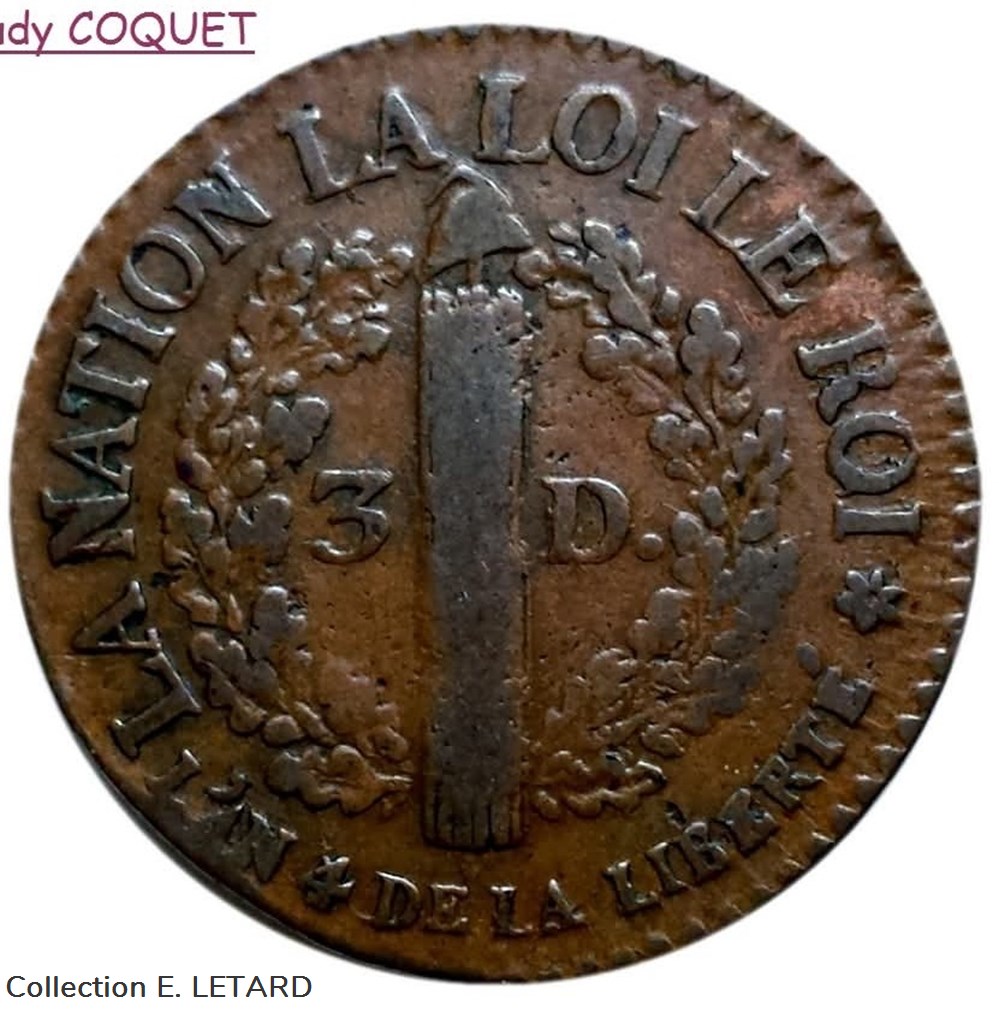 Constitution - 3 Deniers Français 1792 Strasbourg monnaies monde france constitution 3 deniers francais 1792 strasbourg