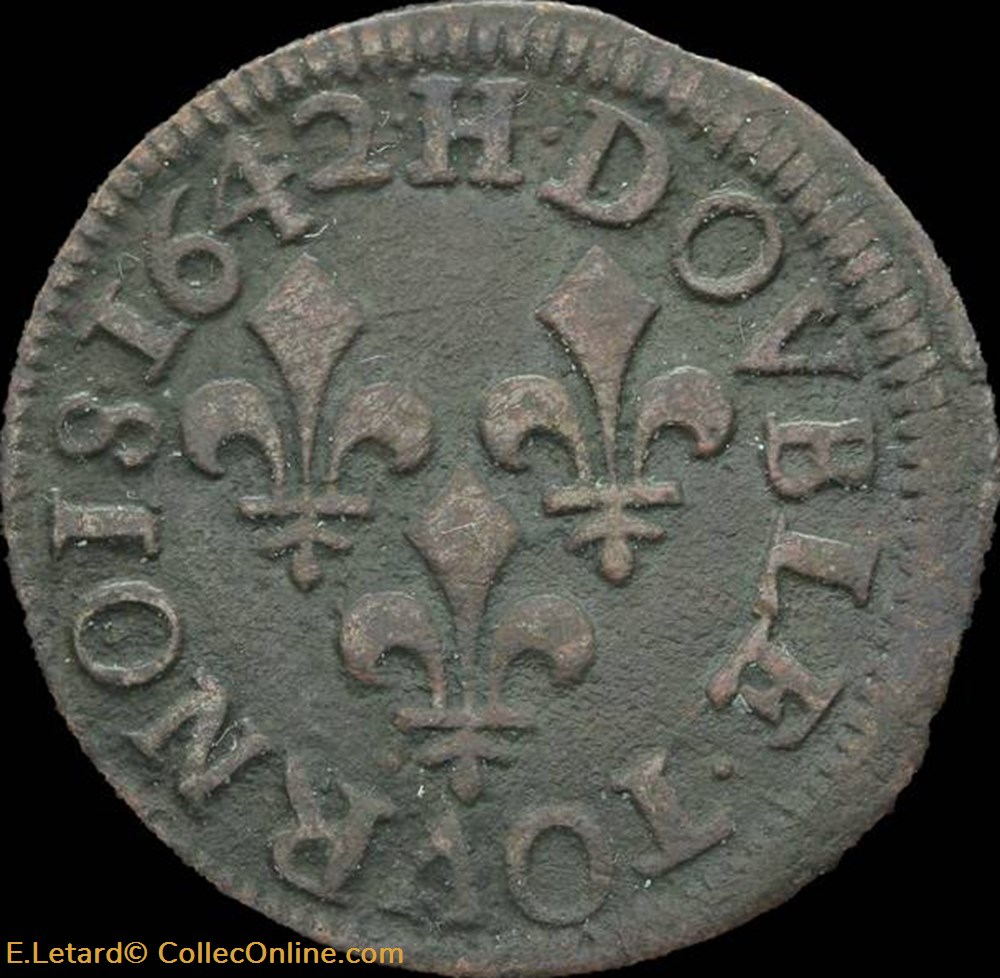 Louis XIII - Double Tournois de La Rochelle Type de Warin 1642 - CGKL.516 - Légende Latine monnaies europe medievale france royales louis xiii double tournois de la rochelle type de warin 1642 cgkl 516 legende latine