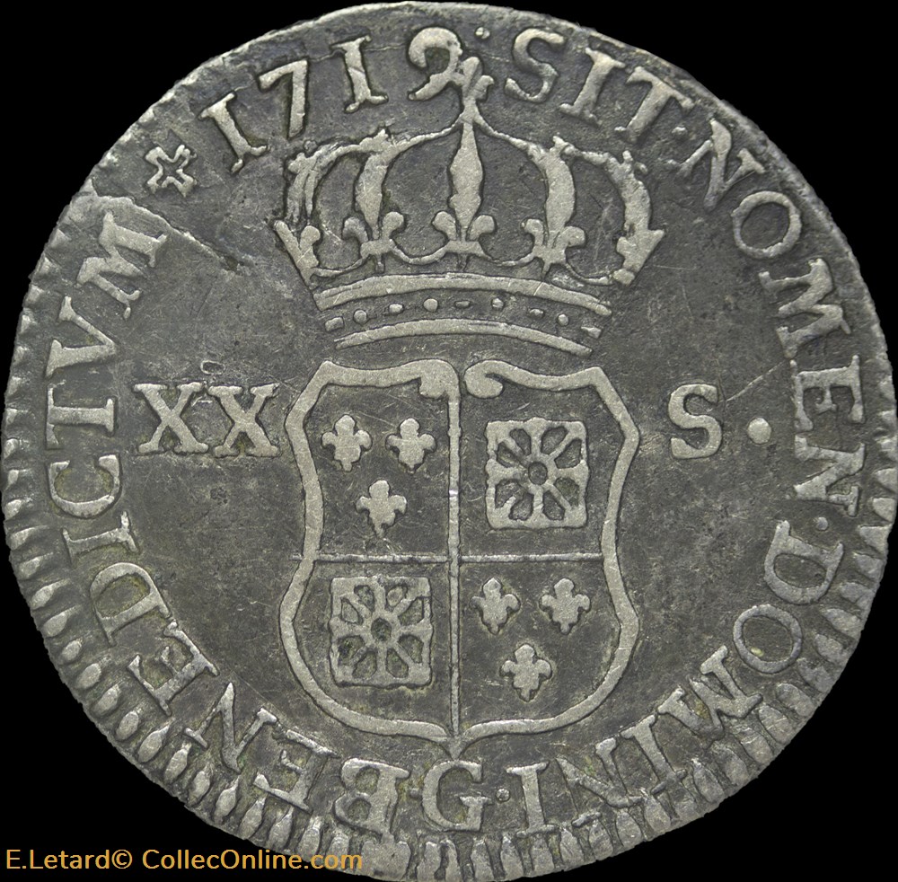 XX Sols de France-Navarre 1719 G monnaies europe medievale royales xx sols de france navarre 1719 g