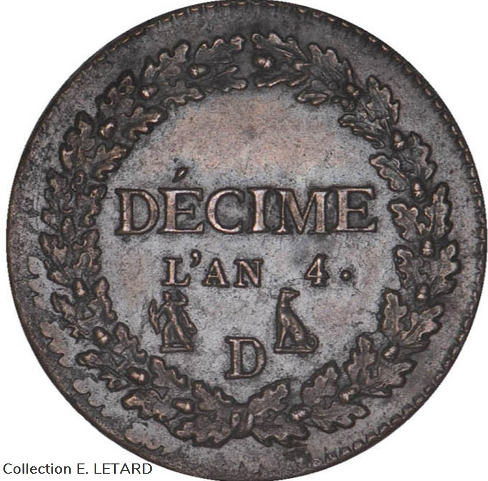 1 Décime - Petit module sans point après Décime - An 4 D monnaies monde france 1 decime petit module sans point apres decime an 4 d