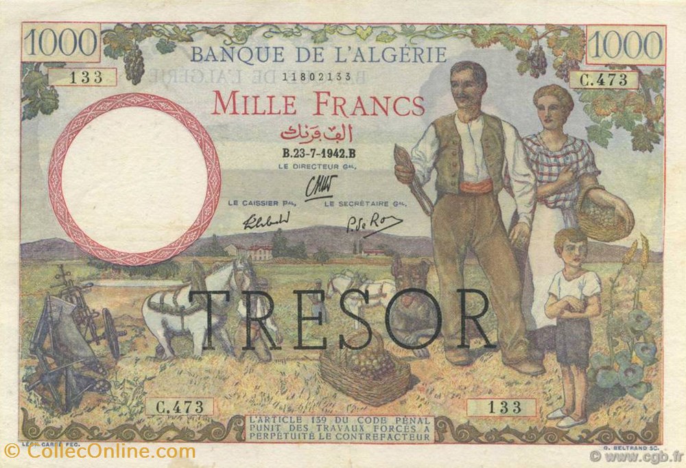 1000 Francs Algérie surchargé billets 1000 francs algerie surcharge