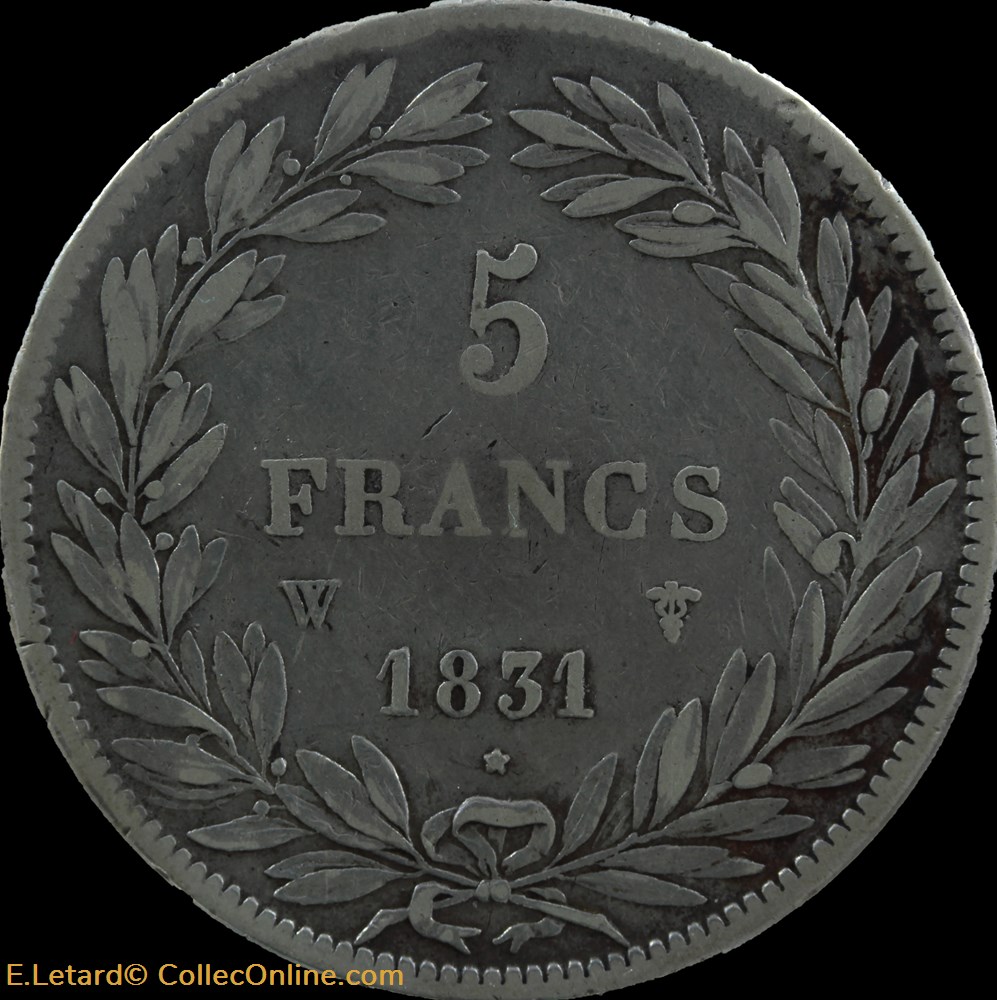 Louis-Philippe 1er - 5 Francs Tiolier - 1831 W monnaies monde france louis philippe 1er 5 francs tiolier 1831 w