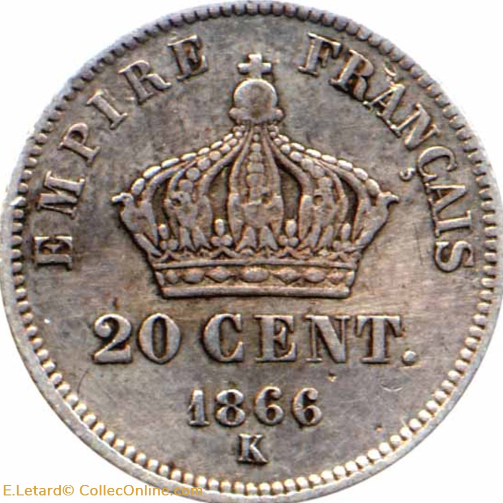 Napoléon III - 20 Centimes Tête laurée petit module - 1866 K monnaies monde france napoleon iii 20 centimes tete lauree petit module 1866 k