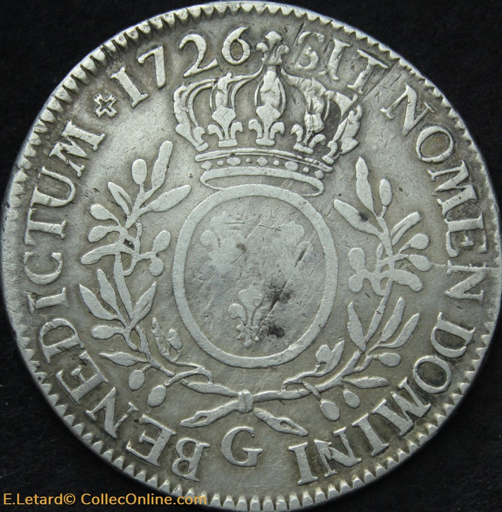 Ecu aux branches d'olivier 1726 G monnaies europe medievale france royales ecu aux branches olivier 1726 g
