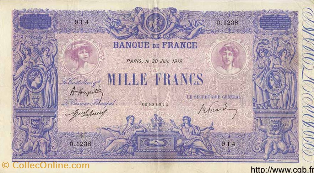billets 1000 francs bleu et rose
