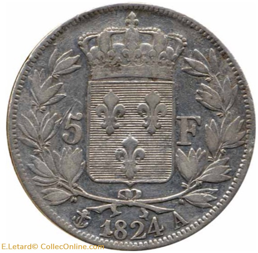 monnaies monde france louis xviii 5 francs buste nu 1824 a