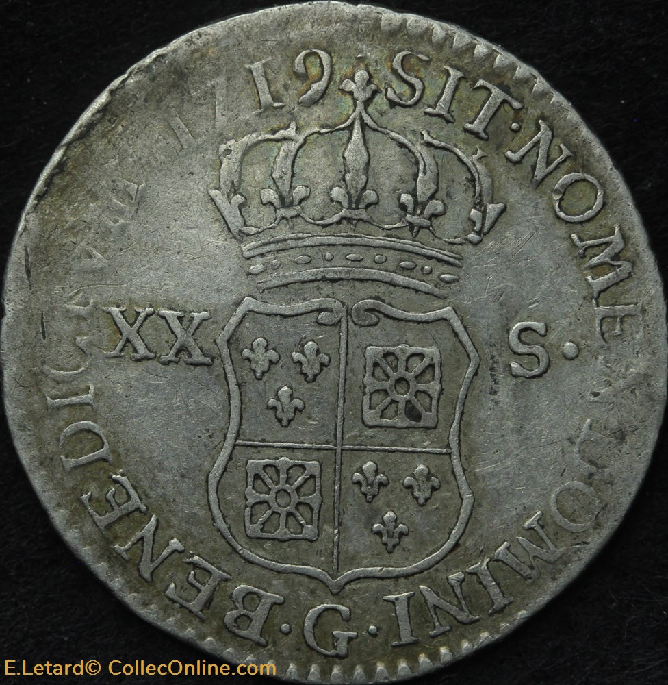 XX Sols de France-Navarre 1719 G monnaies europe medievale royales xx sols de france navarre 1719 g