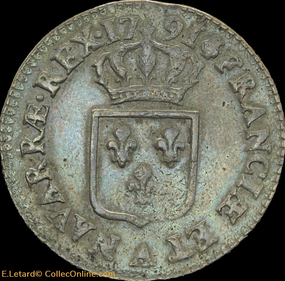 Sol à l'Ecu 1791 A monnaies europe medievale france royales sol a ecu 1791 a