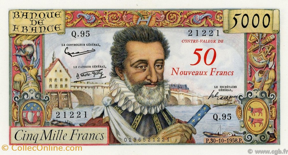 50 Nouveaux Francs sur 5000 Francs Henri IV billets 50 nouveaux francs sur 5000 francs henri iv