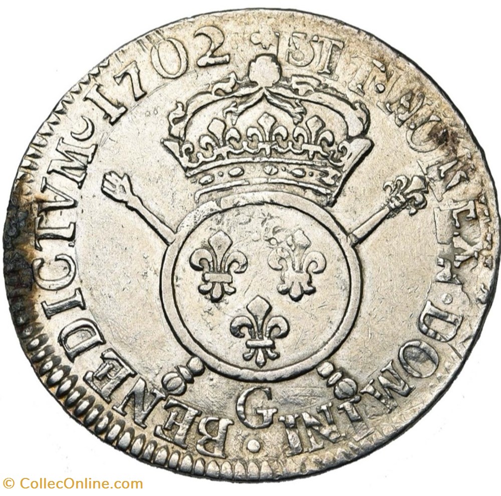 Ecu aux Insignes - 1702 G monnaies europe medievale france royales ecu aux insignes 1702 g