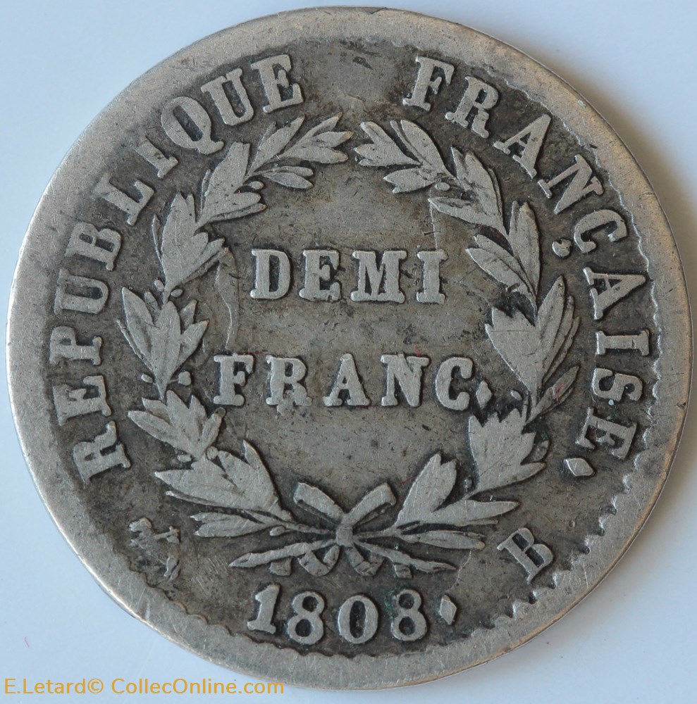 Demi Franc - Laurée République - 1808 B monnaie france moderne demi franc lauree republique 1808 b