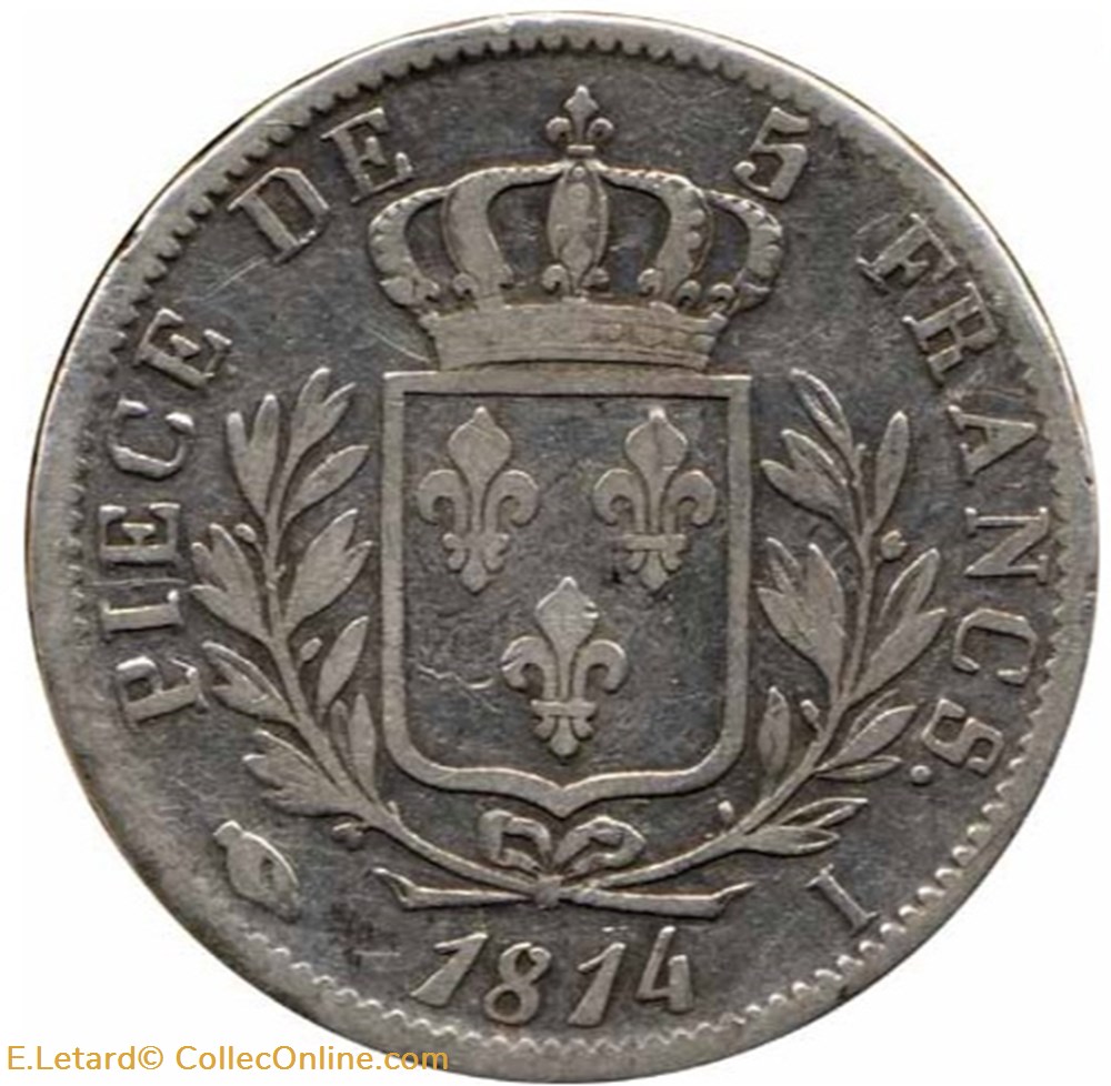 monnaies monde france louis xviii 5 francs buste habille 1814 i