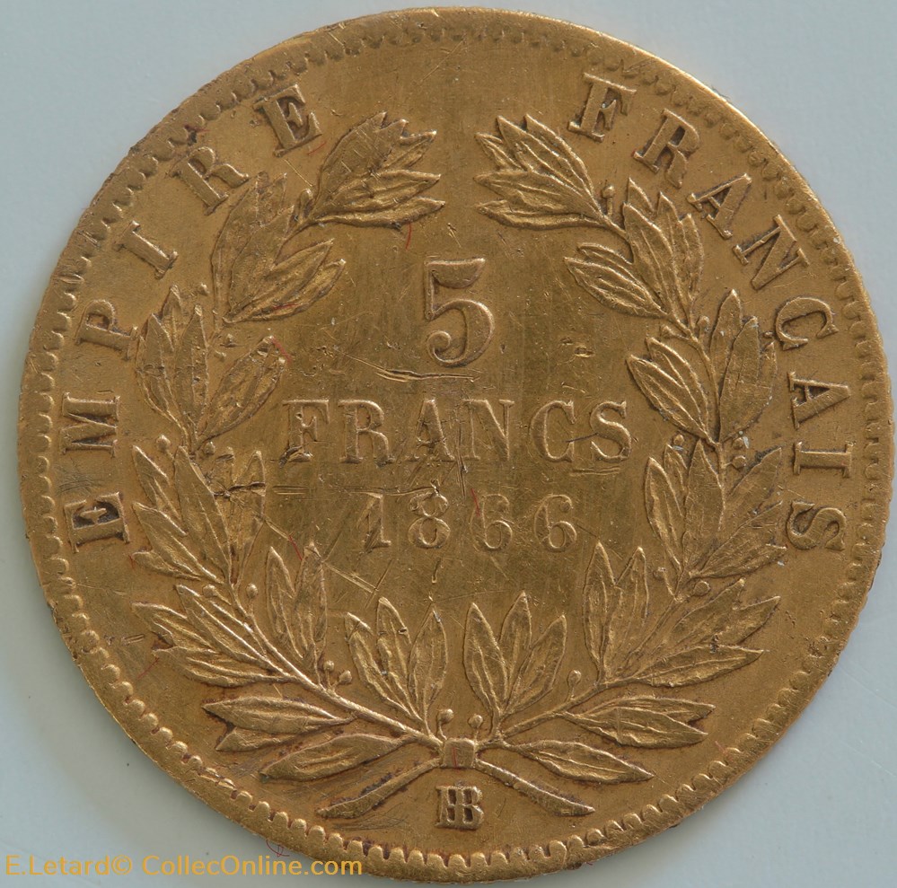 Napoléon III - 5 Francs Tête laurée - 1866 BB monnaies monde france napoleon iii 5 francs tete lauree 1866 bb