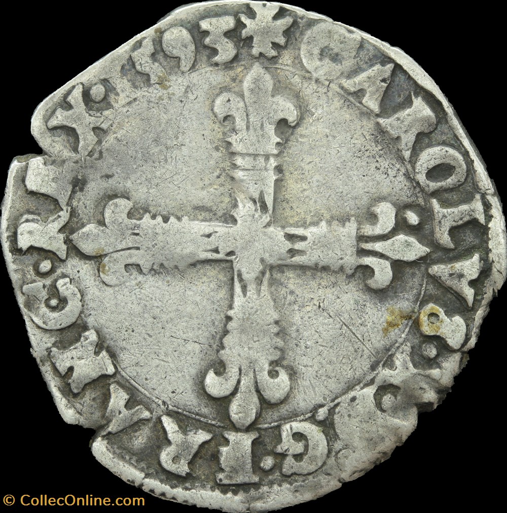 Quart d'Ecu à la croix de face - 1593 - Nantes monnaies europe medievale france royales quart ecu a la croix de face 1593 nantes