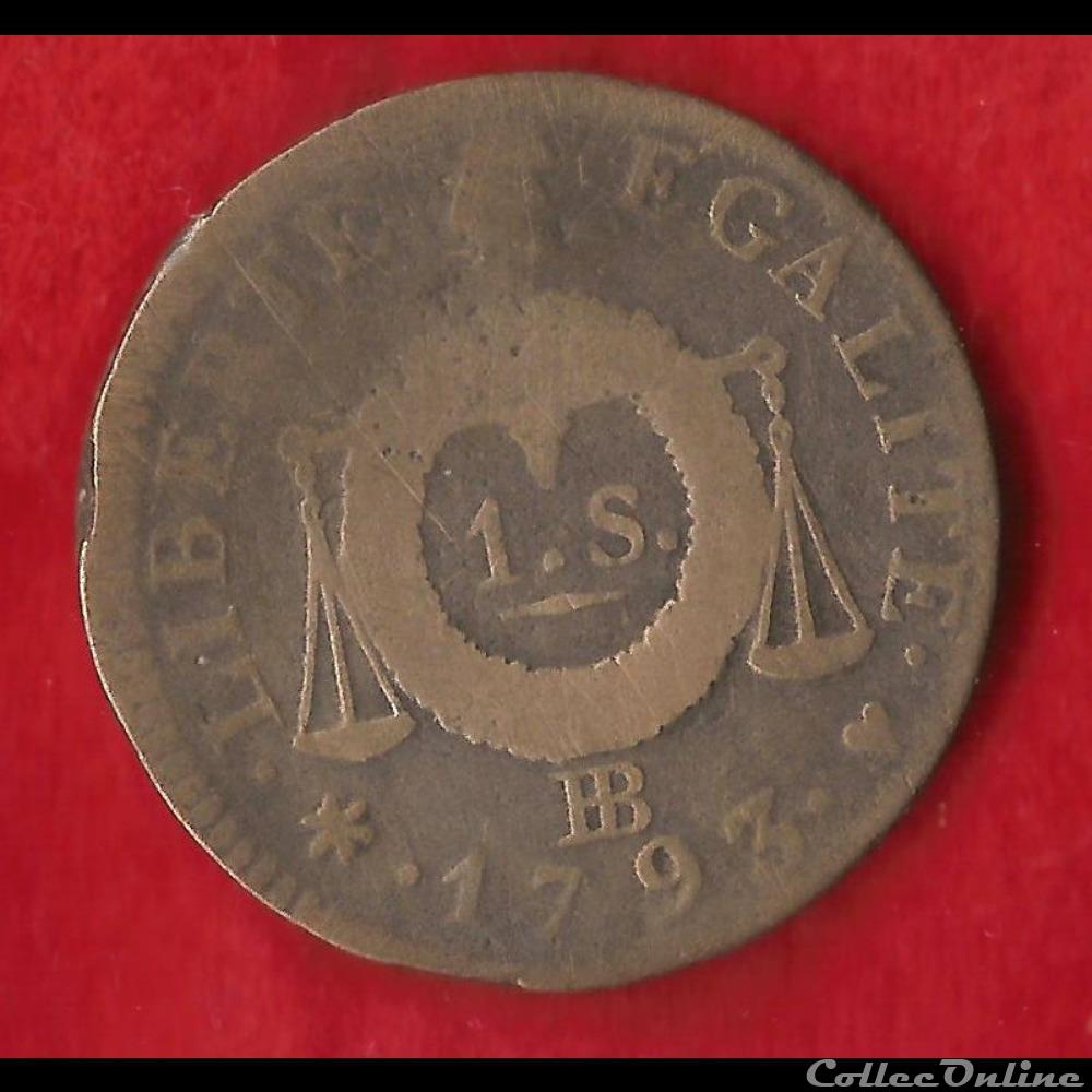 La convention - 1 Sol - 1793 - Strasbourg monnaies monde france la convention 1 sol 1793 strasbourg