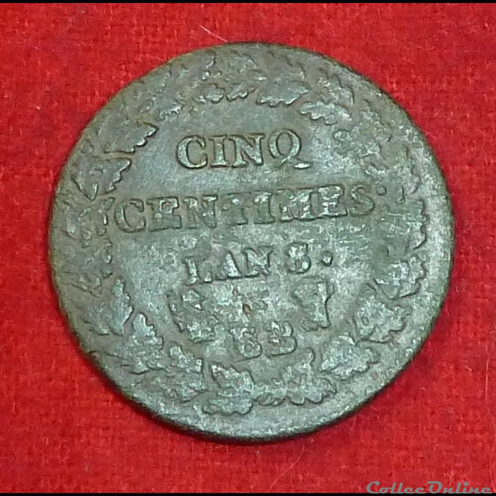 Consulat / Directoire - 5 centimes Dupré - AN 8 - Strasbourg monnaies monde france consulat directoire 5 centimes dupre an 8 strasbourg
