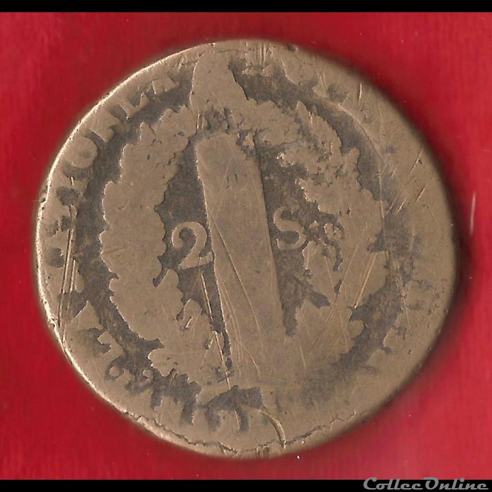 monnaies europe medievale france royales 2 sols 1793 orleans sans lettre atelier