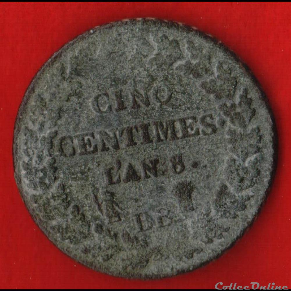 Consulat / Directoire - 5 centimes Dupré - AN 8 - Strasbourg monnaies monde france consulat directoire 5 centimes dupre an 8 strasbourg