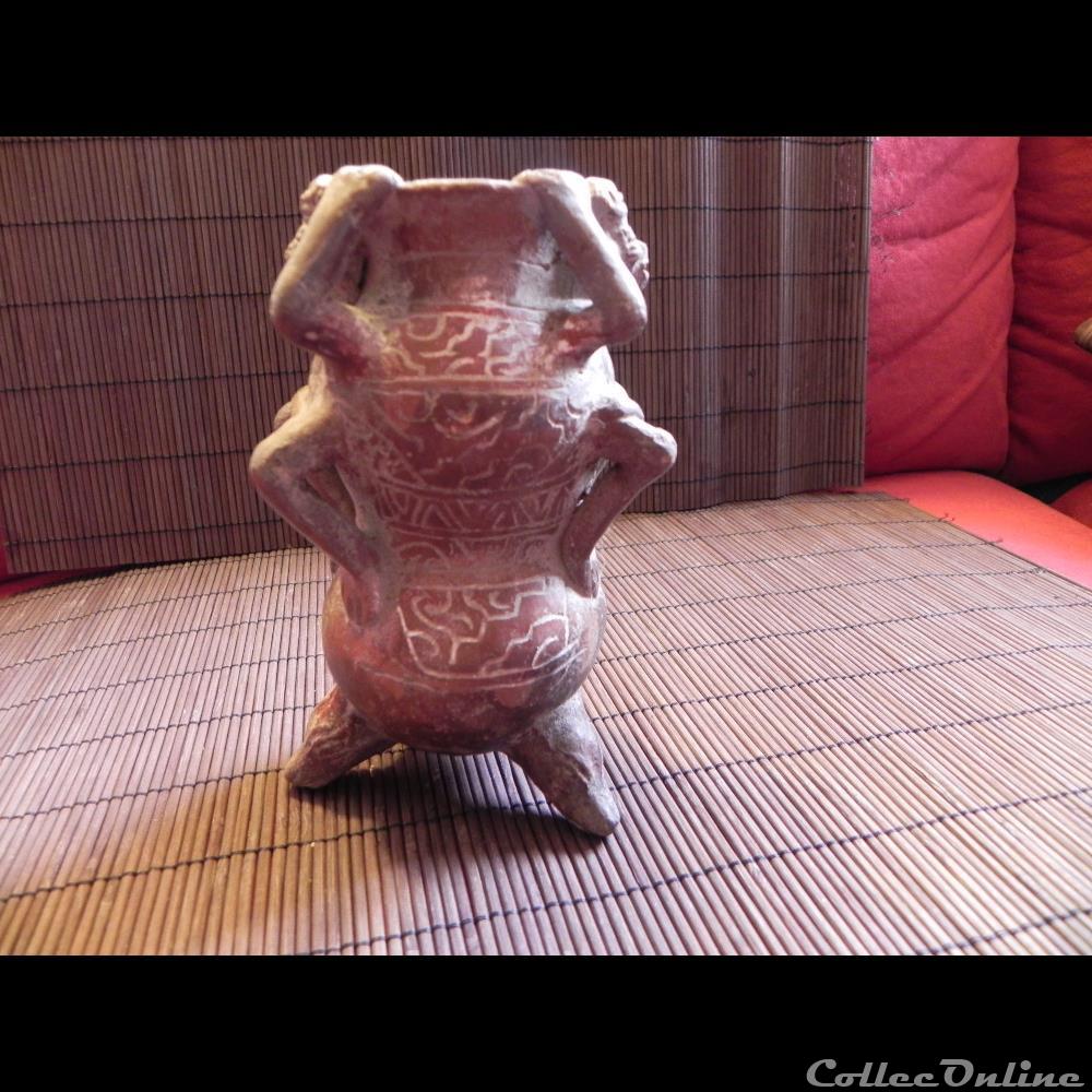 art antiquite archeologie amerique vase tripode 2 personnages terre cuite