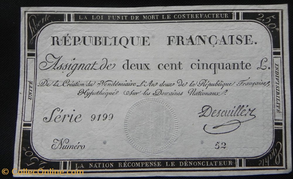 billets europe france assignat de 250 livres an2 de la republique