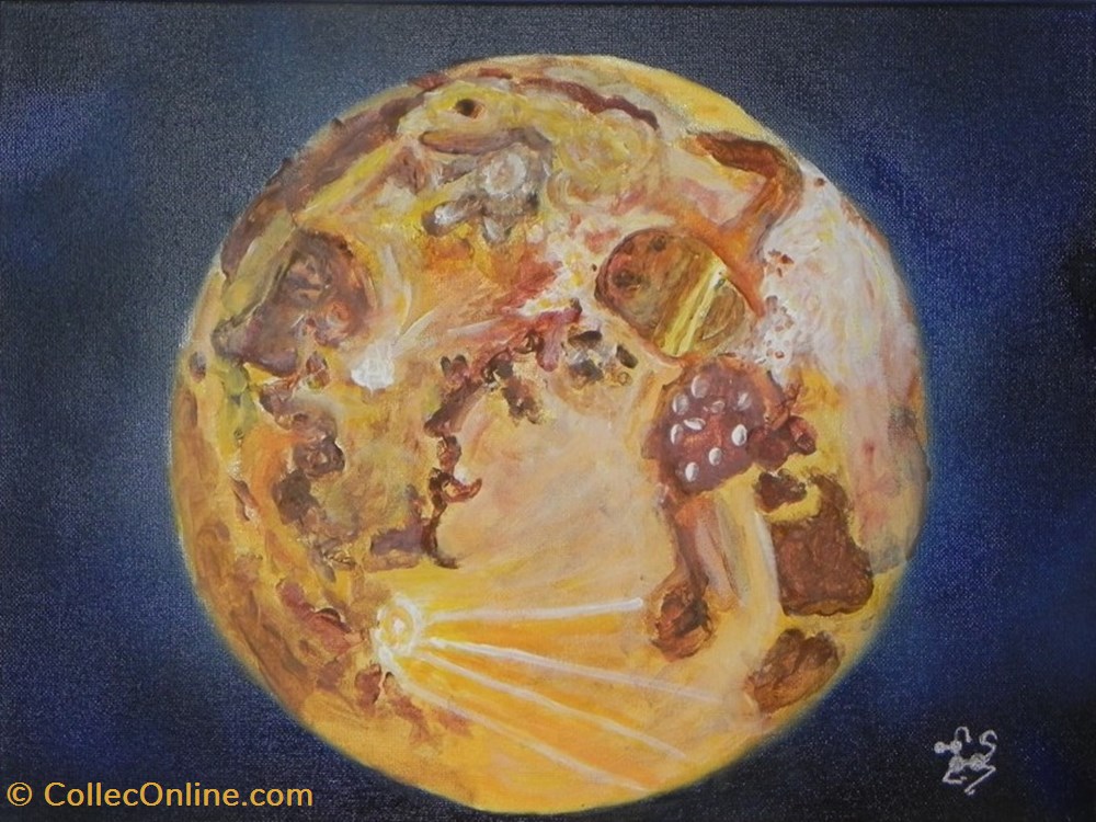 art antiquites peintures dessins lune peinture acrylique sur toile visages et animal