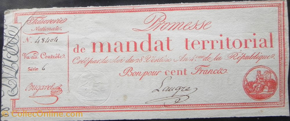 billets europe france mandat territorial 100 francs an 4 de la republique