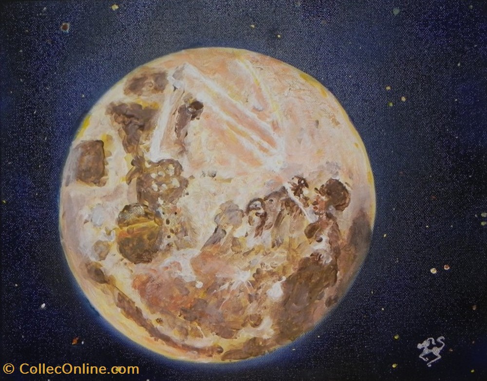 art antiquites peintures dessins lune peinture acrylique sur toile visage et animal