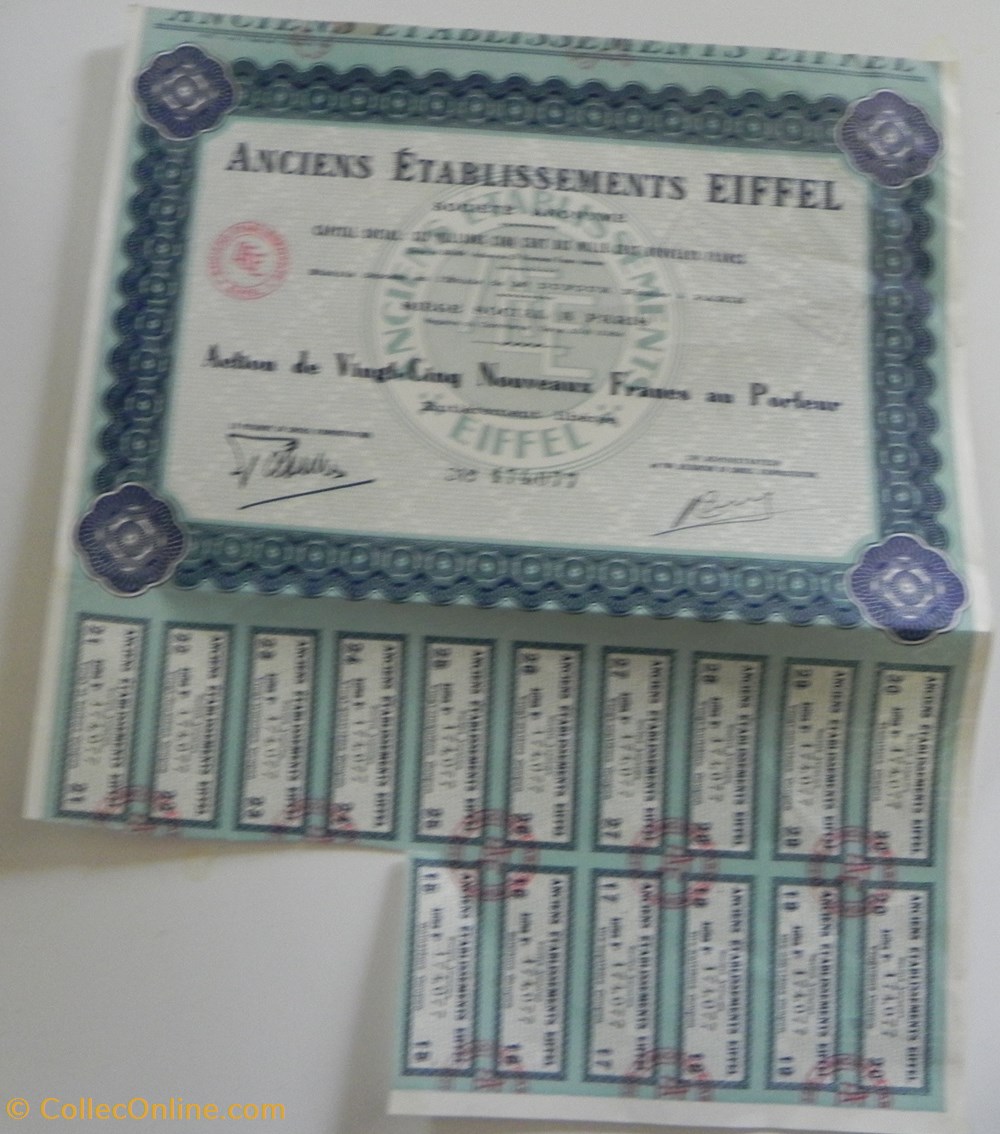 vieux papiers actions titres anciens etablissements eiffel date 1960 action de 25 nouveaux francs n 174077 vert bleu