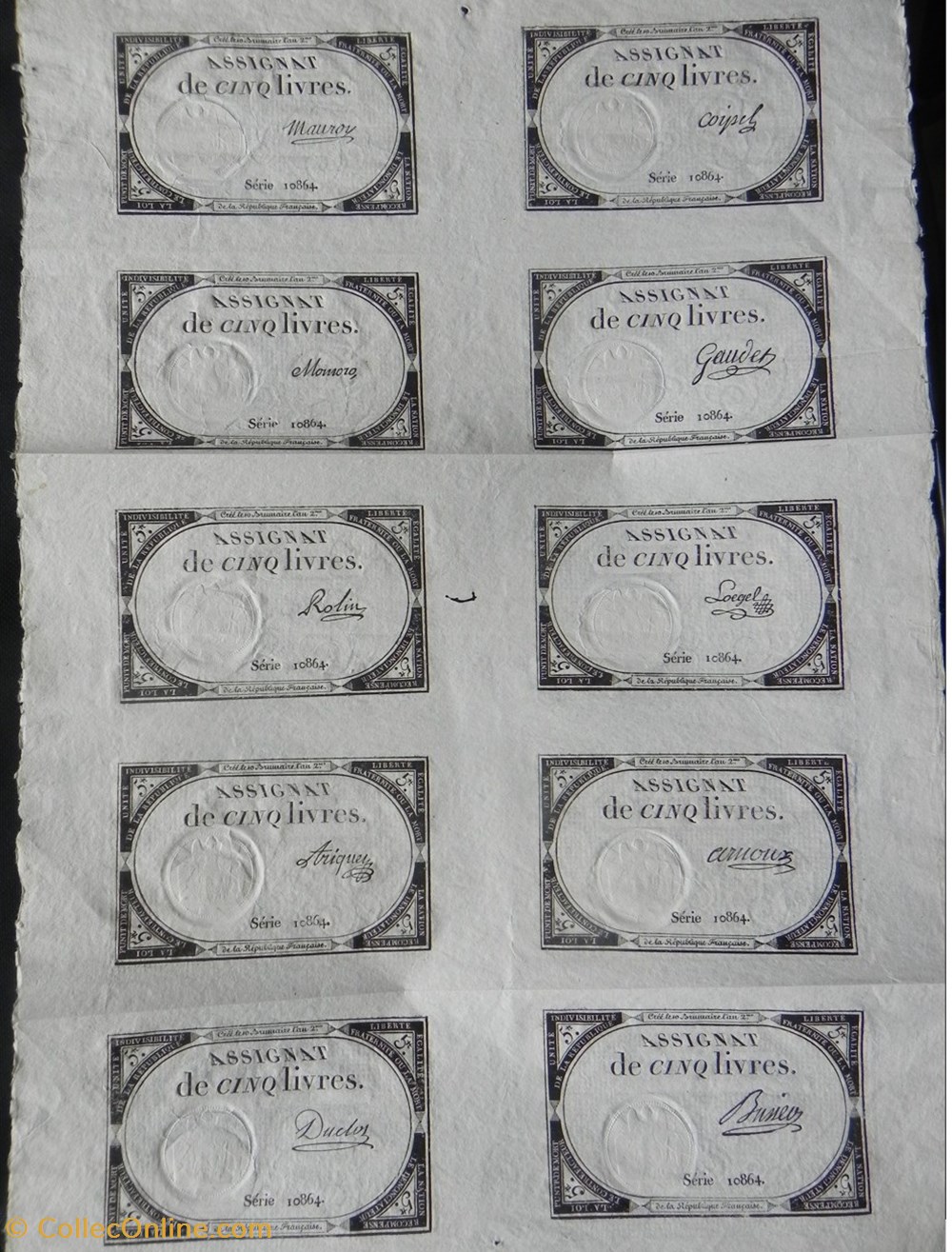 billets europe france planche 10 assignats de 5 livres
