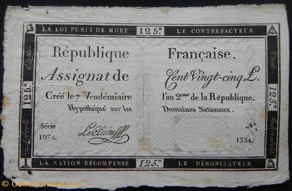 ASSIGNAT 125 LIVRES 7 VENDEMIAIRE de la REPUBLIQUE billets europe france assignat 125 livres 7 vendemiaire de la republique